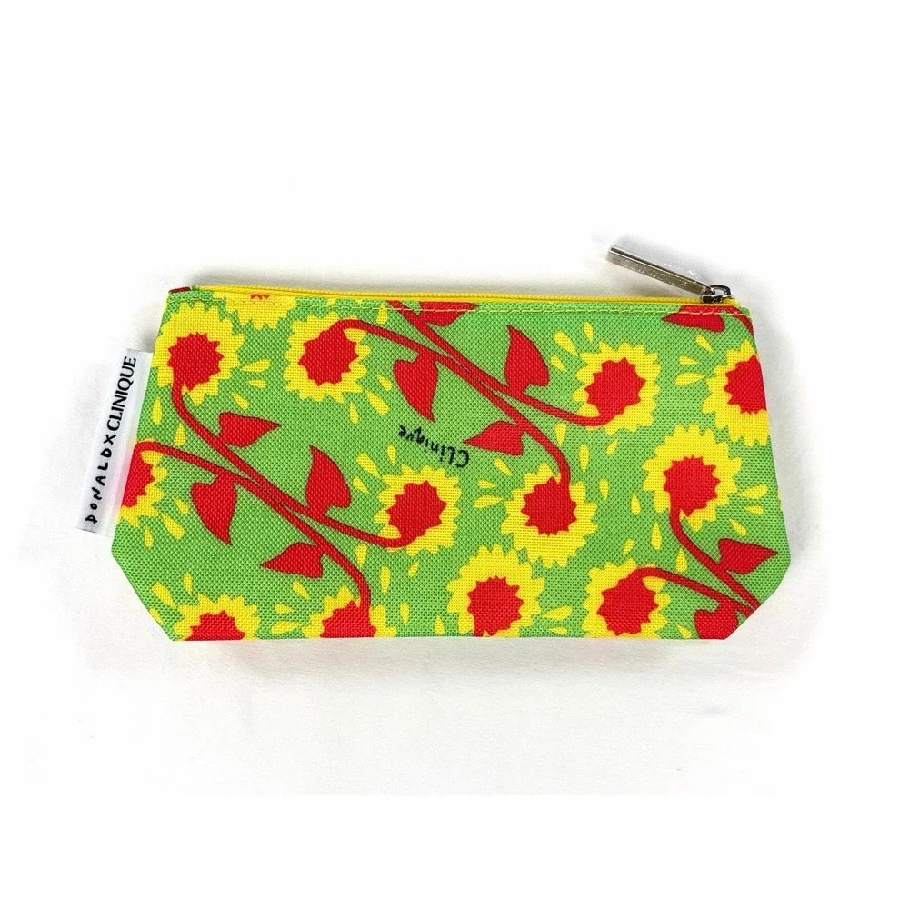 Clinique x Donald Robertson Sunflower Makeup Bag Green Yellow Red Zip Pouch New